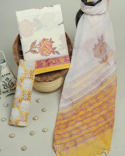 Floral Mughal Buta Hand Block Printed Cotton Suit With Kota Doria Dupatta