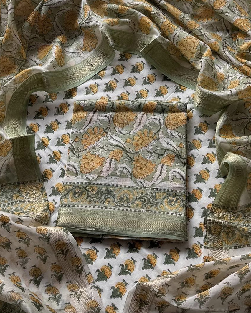 Sanganeri printed Maheshwari Silk Suit Set