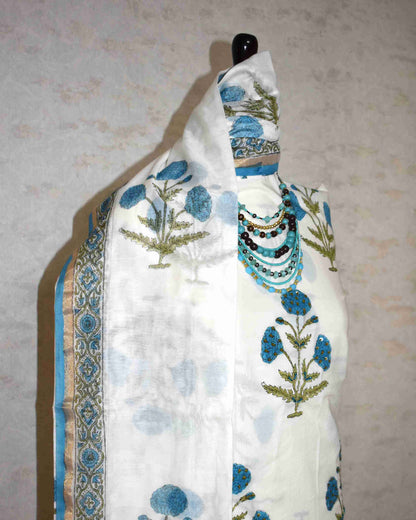 Hand Embroidered and Hand Block Printed Premium Cotton Unstitched Suit with Chanderi Silk Dupatta - Designer Edit