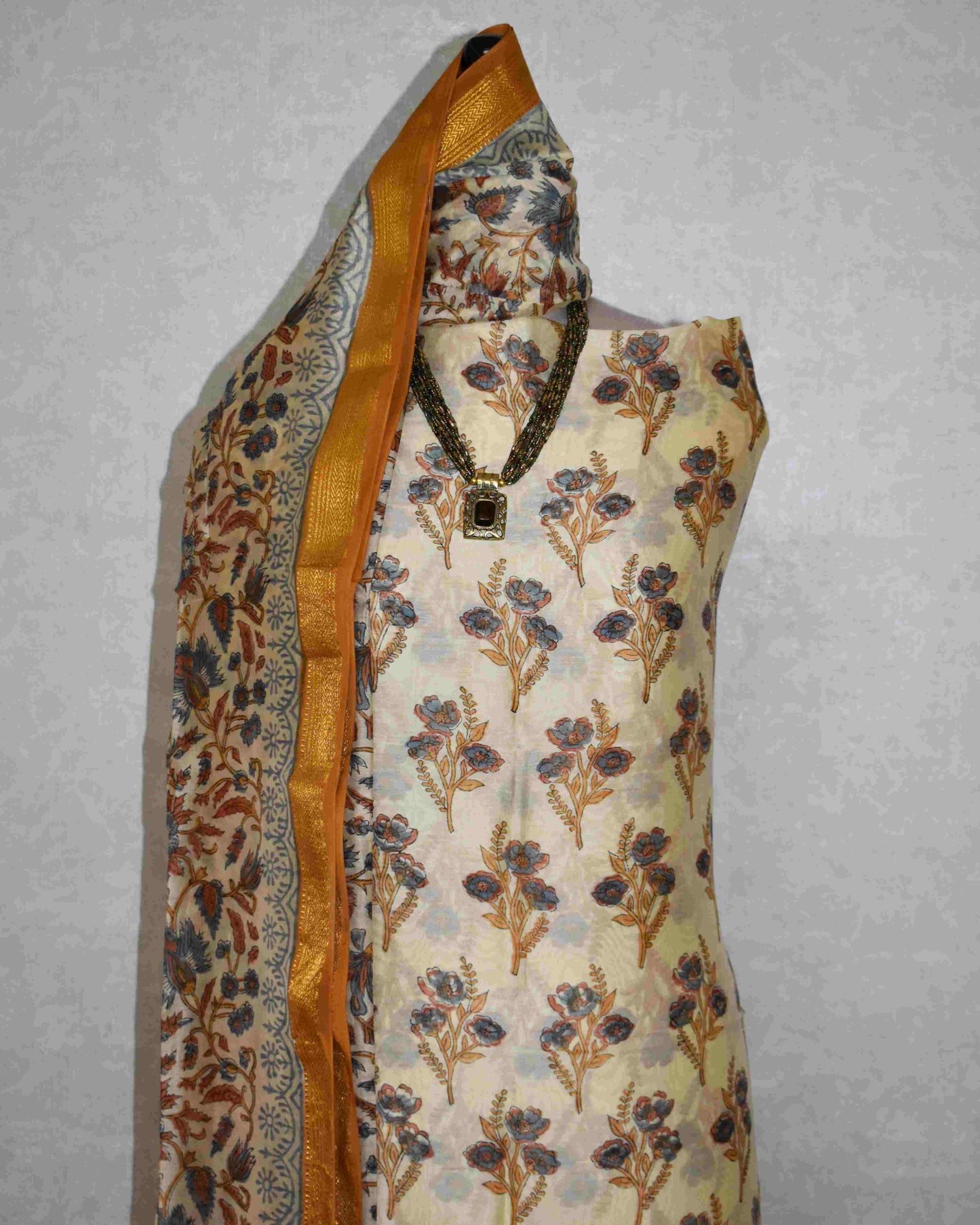 Golden Yellow Floral Buti Printed Maheshwari Silk Suit Set