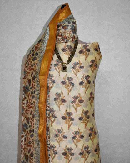 Golden Yellow Floral Buti Printed Maheshwari Silk Suit Set
