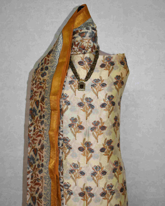 Golden Yellow Floral Buti Printed Maheshwari Silk Suit Set