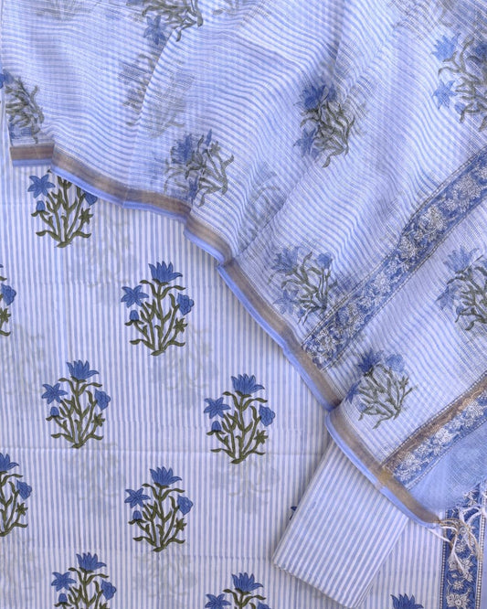 Violet Hand Block Printed Cotton Suit With Kota Doria Dupatta