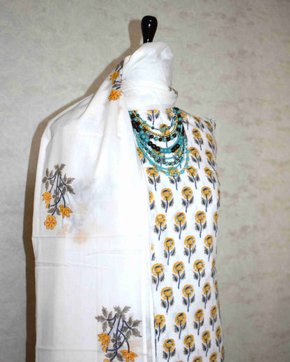 Sanganeri Hand Block Printed Unstitched Cotton Suit Set with malmal dupatta