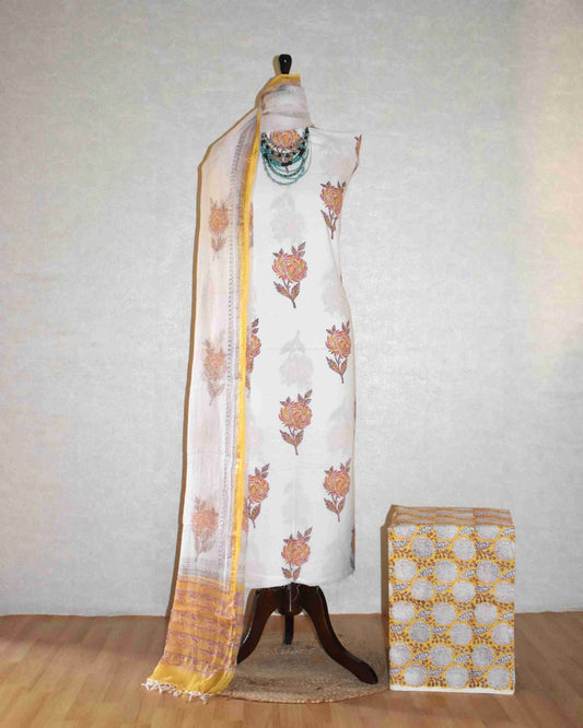 Floral Mughal Buta Hand Block Printed Cotton Suit With Kota Doria Dupatta