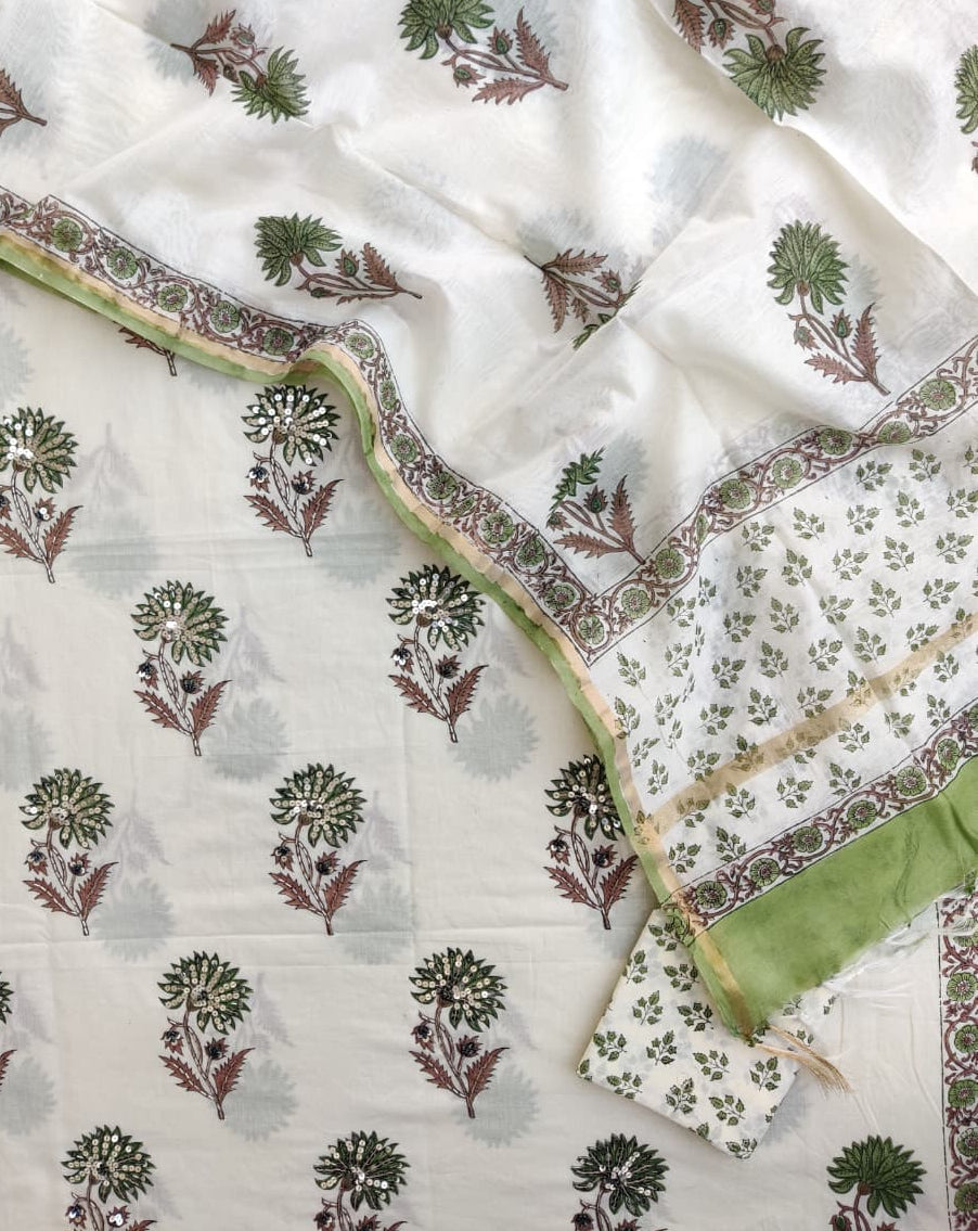 Hand Embroidered and Hand Block Printed Premium Cotton Suit with Chanderi Silk Dupatta - Designer Edit
