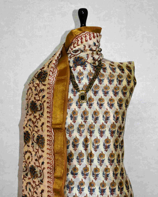 Golden Mustard Bagru Floral Buti Printed Maheshwari Silk Suit Set