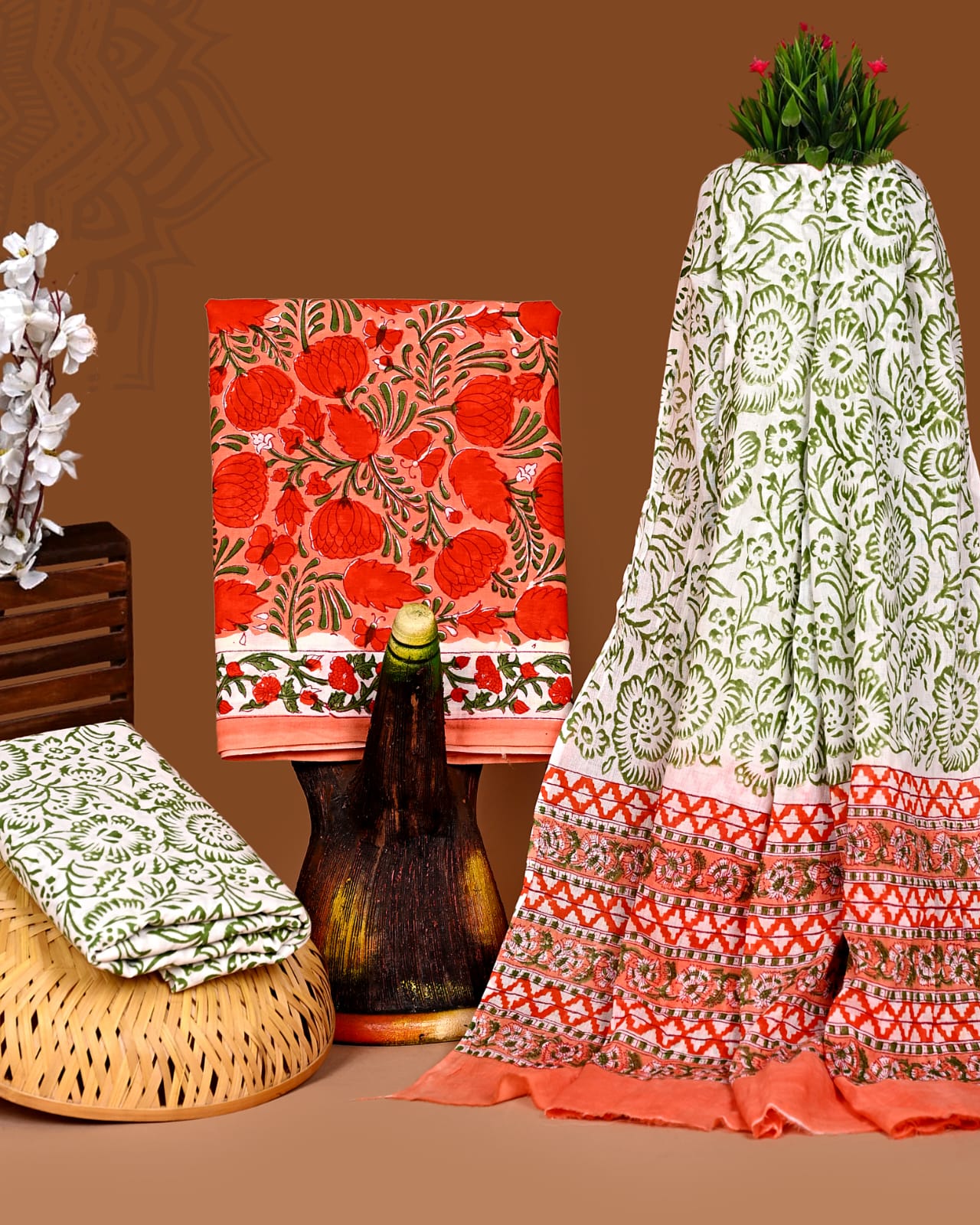All-over Floral Jaal Hand Block Printed Cotton Suit with Malmal Dupatta