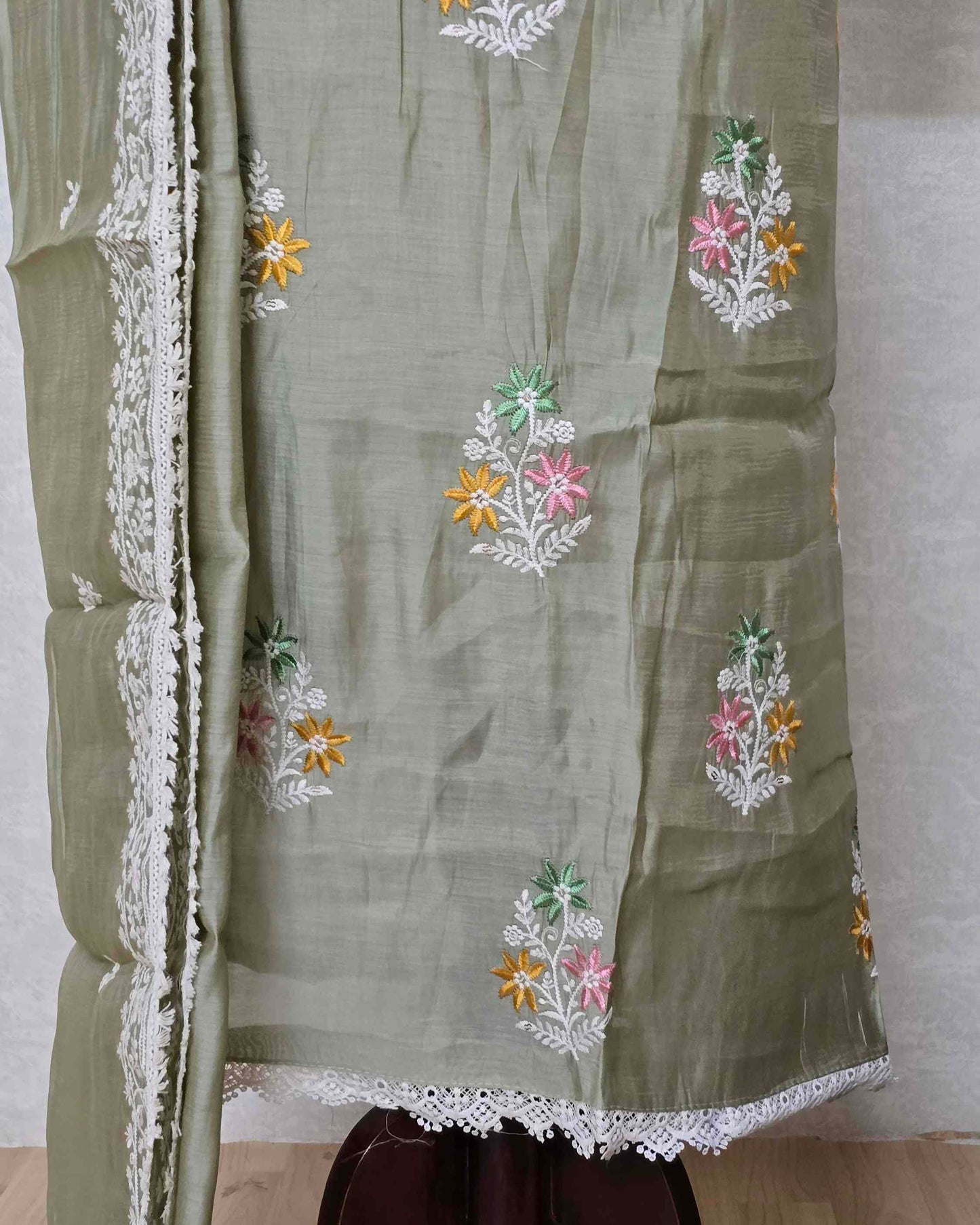 Sage Green MalChanderi with White Threadwork Suit Set with Lace-Edged Dupatta
