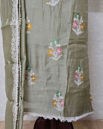 Sage Green MalChanderi with White Threadwork Suit Set with Lace-Edged Dupatta