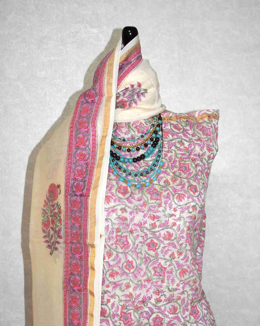 Hand Block Printed Chanderi Silk Suit with Santoon Bottom and Chanderi Silk Dupatta