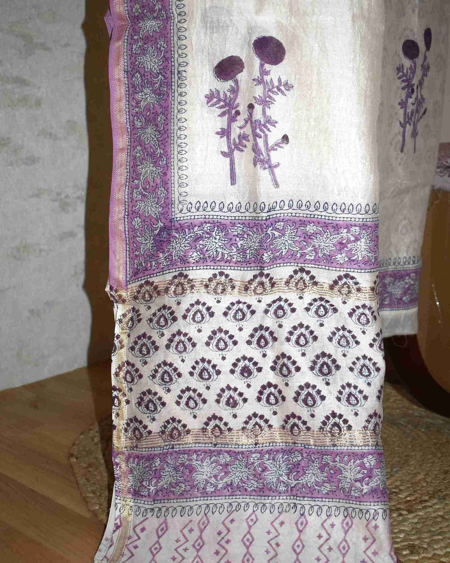 Hand Block Printed Chanderi Silk Suit with Santoon Bottom and Chanderi Silk Dupatta