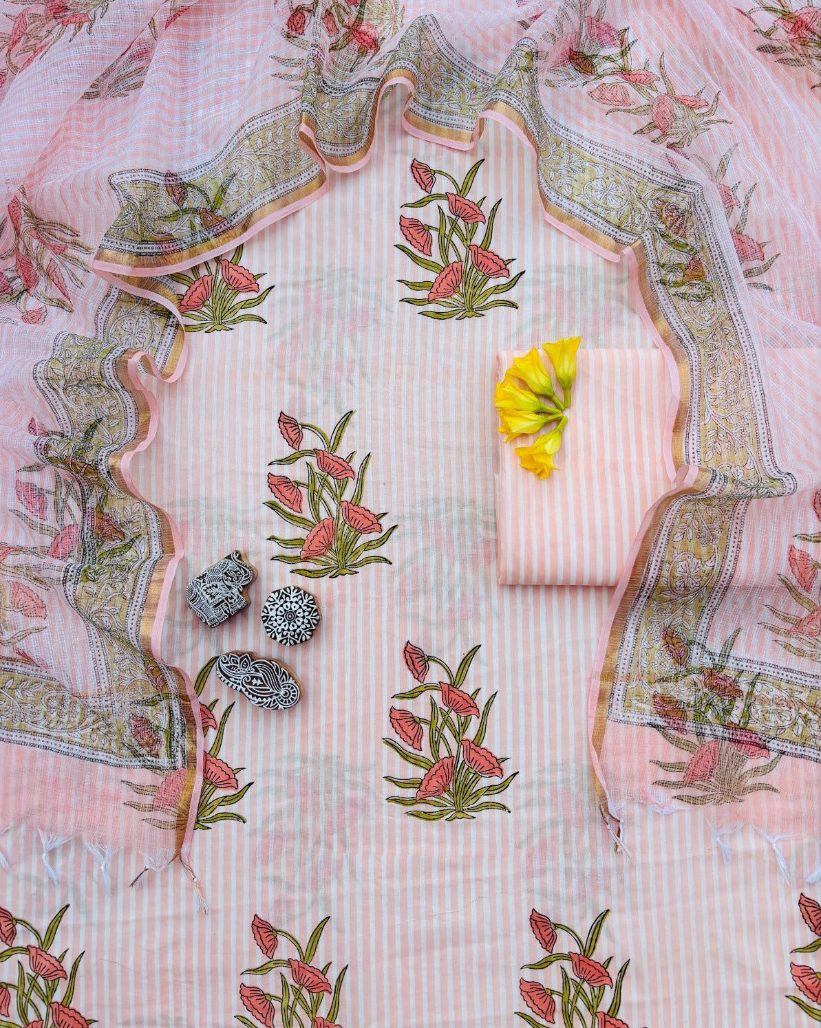 Bagru Hand Block Printed Cotton Suit With Kota Doria Dupatta