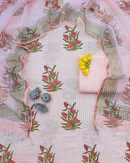 Bagru Hand Block Printed Cotton Suit With Kota Doria Dupatta