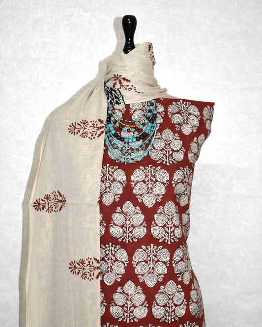 Bagru Hand Block Printed Unstitched Cotton Suit Set with malmal dupatta