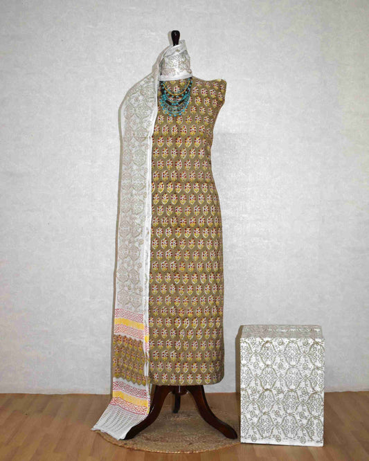 Sanganeri Hand Block Printed Unstitched Cotton Suit Set with malmal dupatta