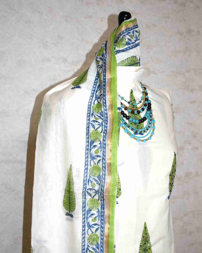 Hand Embroidered and Hand Block Printed Premium Cotton Unstitched Suit with Chanderi Silk Dupatta - Designer Edit
