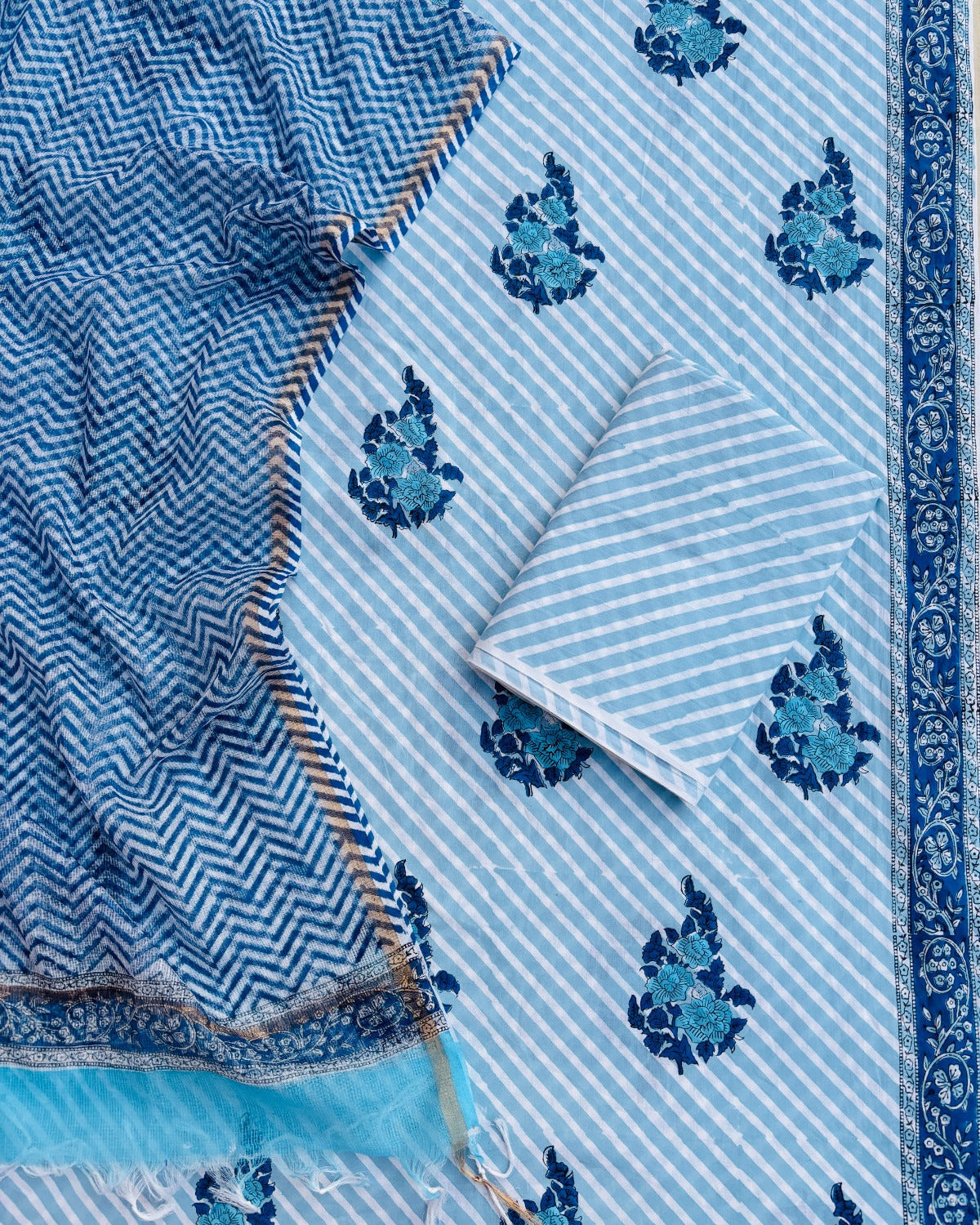 Aqua Blue Floral Hand Block Printed Cotton Suit with Kota Doria Lehriya Dupatta