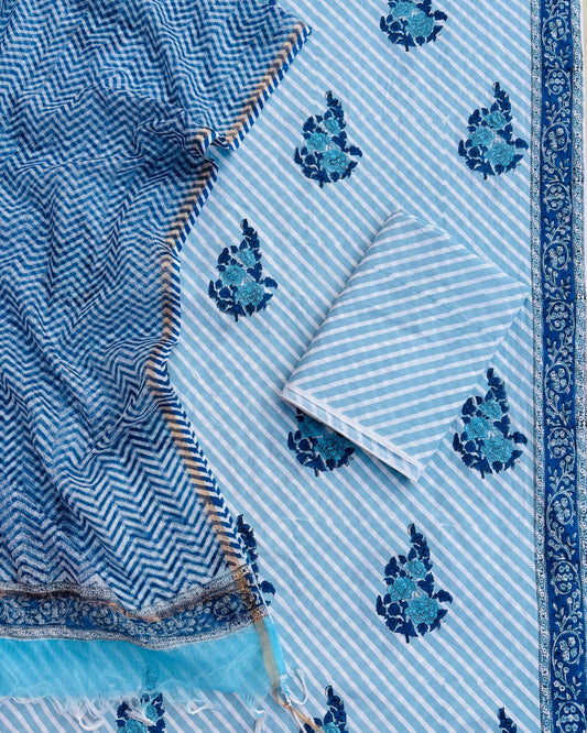 Aqua Blue Floral Hand Block Printed Cotton Suit with Kota Doria Lehriya Dupatta