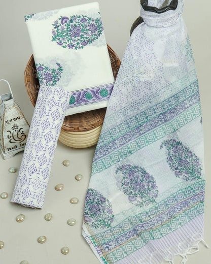 Floral Mughal Buta Hand Block Printed Cotton Suit With Kota Doria Dupatta