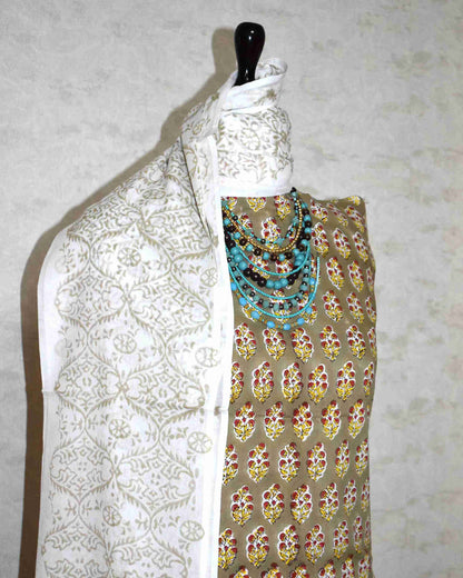 Sanganeri Hand Block Printed Unstitched Cotton Suit Set with malmal dupatta