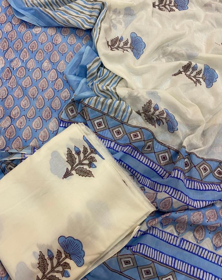 Hand Block Printed Premium Cotton Unstitched Suit with Blue All-over Buti & Chanderi Silk Dupatta - Curated Edit