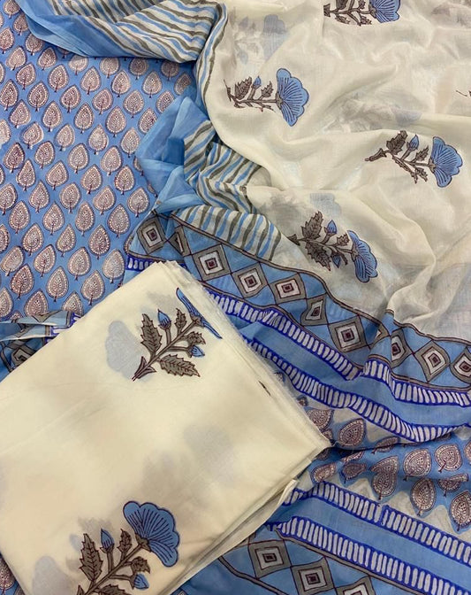 Hand Block Printed Premium Cotton Unstitched Suit with Blue All-over Buti & Chanderi Silk Dupatta - Curated Edit
