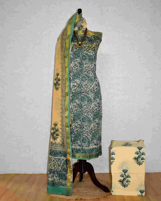 Bagru Sage Green Paisley Printed Maheshwari Silk Suit Set