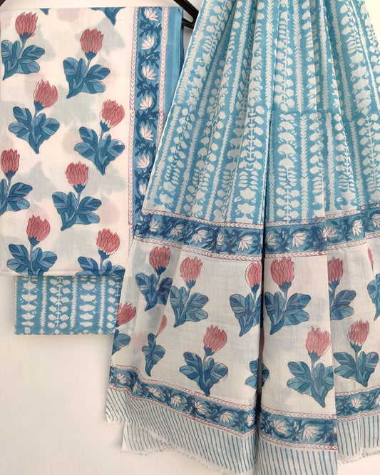 Blue Floral contemporary Hand Block Printed Cotton Suit with Malmal Dupatta