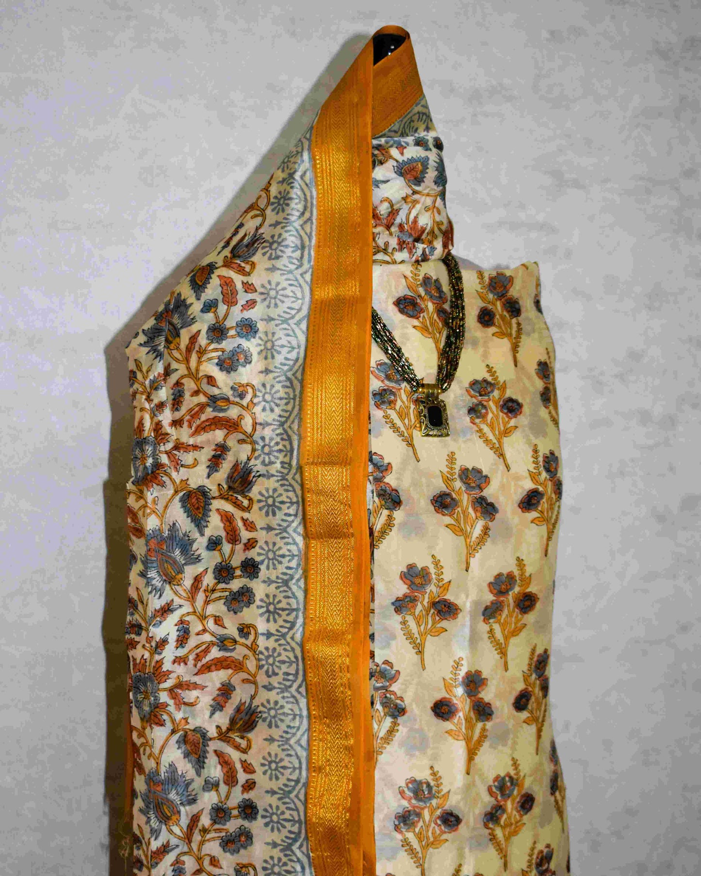 Golden Yellow Floral Buti Printed Maheshwari Silk Suit Set