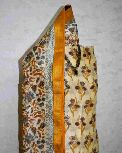 Golden Yellow Floral Buti Printed Maheshwari Silk Suit Set