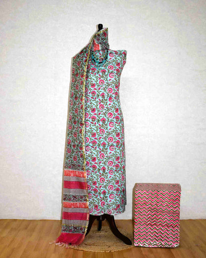 Hand Block Printed Premium Cotton Suit Set with Chanderi Silk Dupatta - Curated Edit