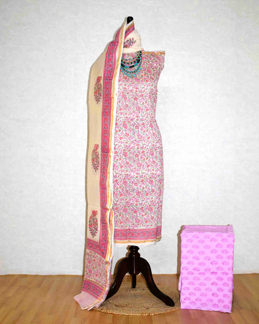 Hand Block Printed Chanderi Silk Suit with Santoon Bottom and Chanderi Silk Dupatta