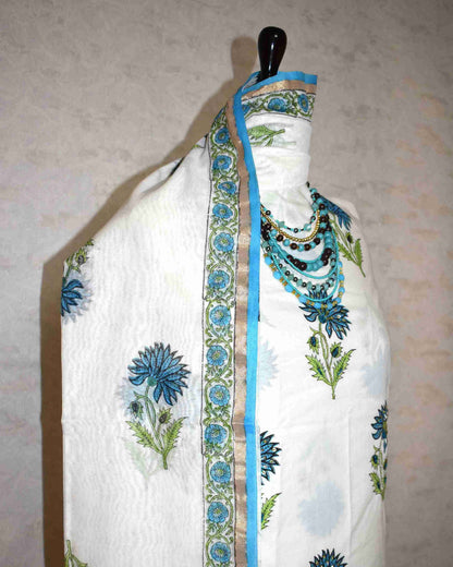 Hand Embroidered and Hand Block Printed Premium Cotton Unstitched Suit with Chanderi Silk Dupatta - Designer Edit