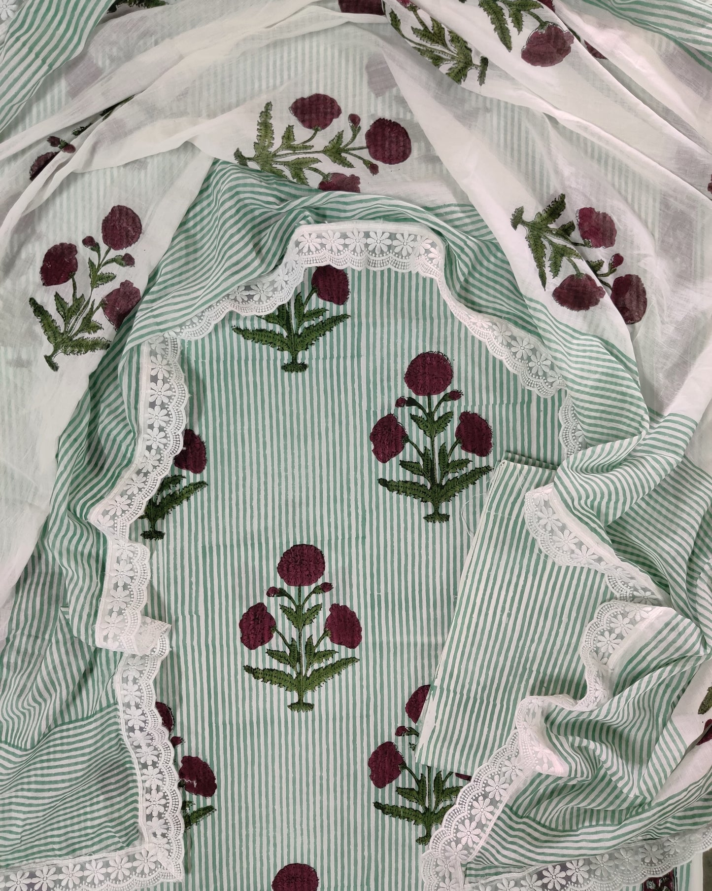 Green Floral Buta Hand Block Printed Cotton Suit with Crochet Lace Malmal Dupatta