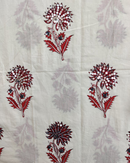 Hand Embroidered and Hand Block Printed Premium Cotton Unstitched Suit with Chanderi Silk Dupatta - Designer Edit