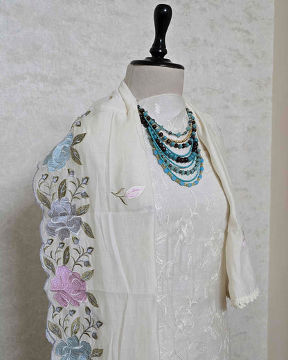 Ivory Bloom Embroidered Mal Chanderi Suit Set with Scalloped Dupatta