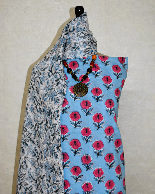All-over Red Hybiscus Buti in Sky Blue Hand Block Printed Cotton Suit with Malmal Dupatta