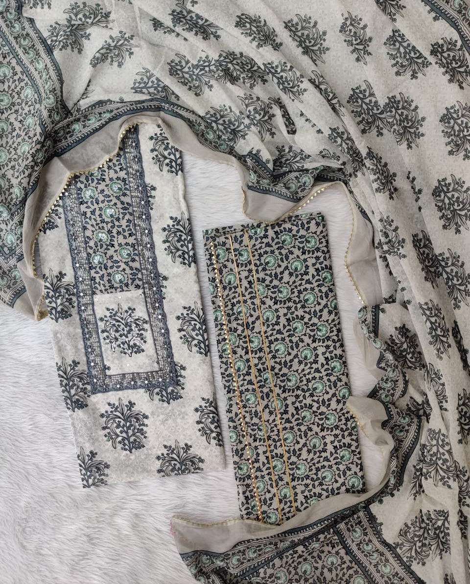 Hand Block Printed Cotton Suit with Elegant Neckwork and Soft Malmal Dupatta