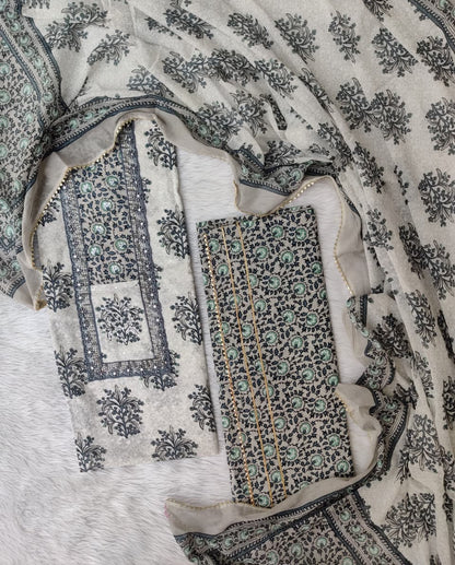 Hand Block Printed Cotton Suit with Elegant Neckwork and Soft Malmal Dupatta