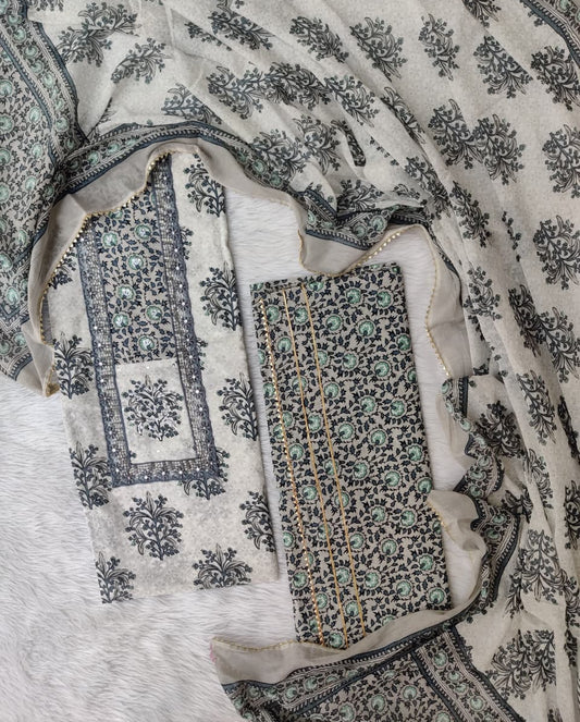 Hand Block Printed Cotton Suit with Elegant Neckwork and Soft Malmal Dupatta