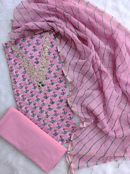 Hand Block Printed Cotton Suit with Gota Patti Hand Embroidery and Kota Doria Leheriya Dupatta