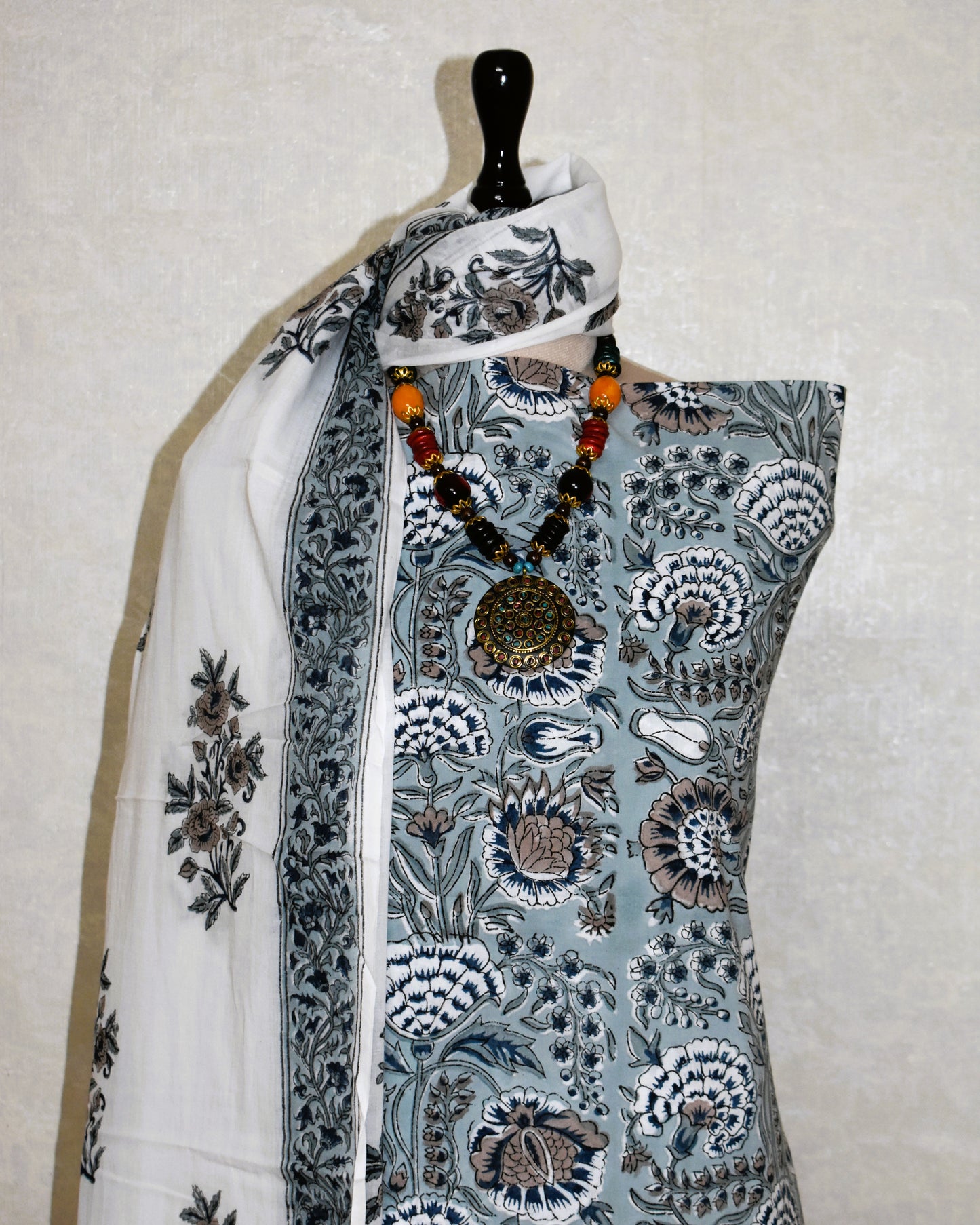 All-over Botanical in Blue Grey Hand Block Printed Cotton Suit with Malmal Dupatta