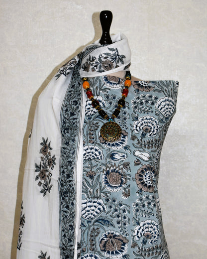All-over Botanical in Blue Grey Hand Block Printed Cotton Suit with Malmal Dupatta