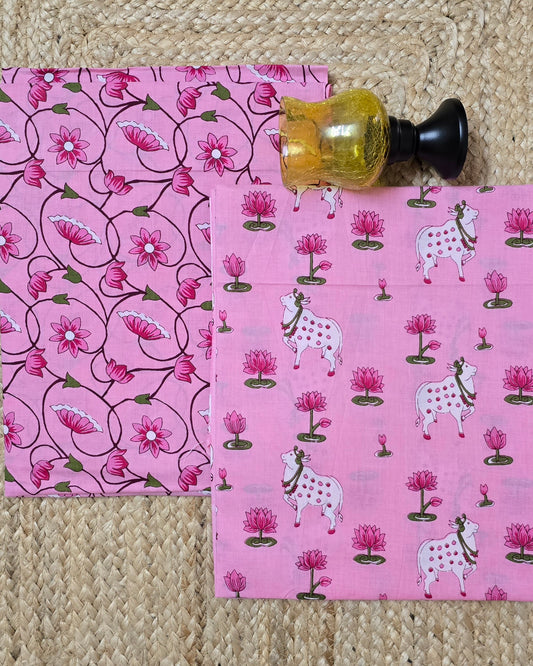 Pink Pichwai Jaipuri Block Printed Cotton Combo Set