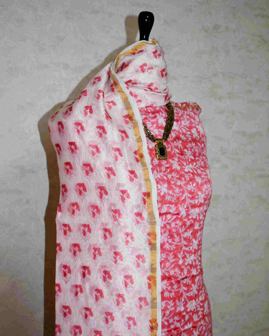 Poppy Pink Chanderi Silk Suit with Sanganeri Floral Jaal Print