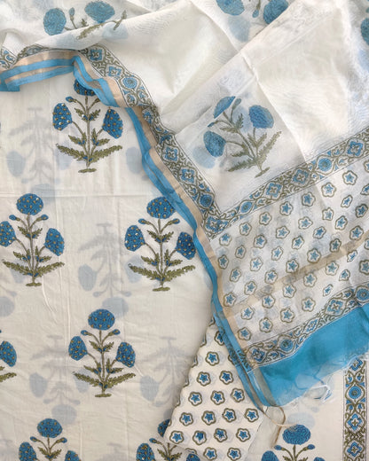 Hand Embroidered and Hand Block Printed Premium Cotton Unstitched Suit with Chanderi Silk Dupatta - Designer Edit