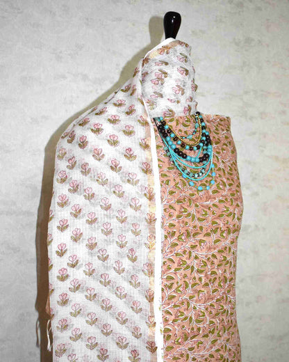 All-over Floral jaal Hand Block Printed Cotton Suit With Kota Doria Dupatta