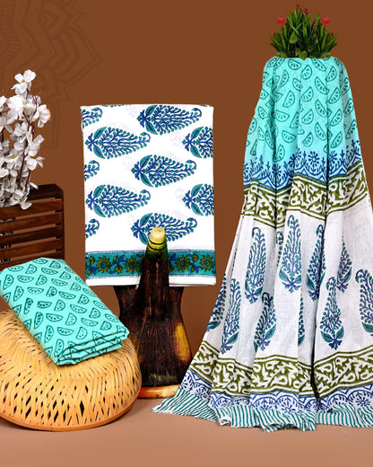 Sanganeri Hand Block Printed Unstitched Cotton Suit Set with malmal dupatta
