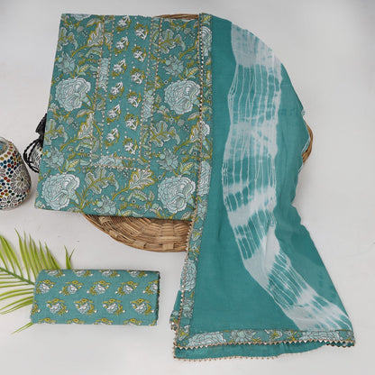 Hand Block Printed Cotton Suit with Hand Embroidery and Pure Chiffon Dupatta